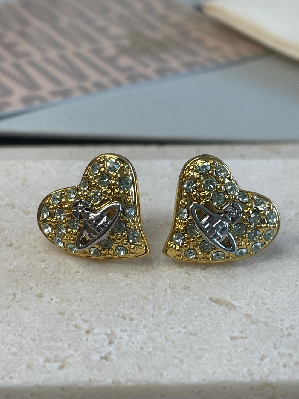 Vivienne Westwood Gold Heart Orb Crystal Stud Earrings